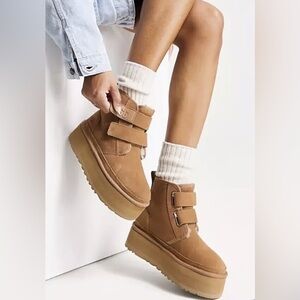 New UGG Neumel Platform 2 Strap Boots Chestnut Suede Wool Fur Lined Brown